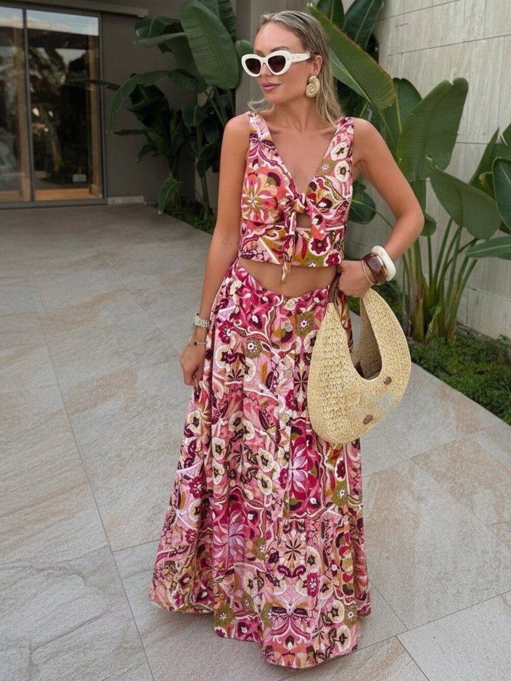 Zara Womens Sz M Pink Multi Floral Button Front Midi A-Line Skirt Resort Boho